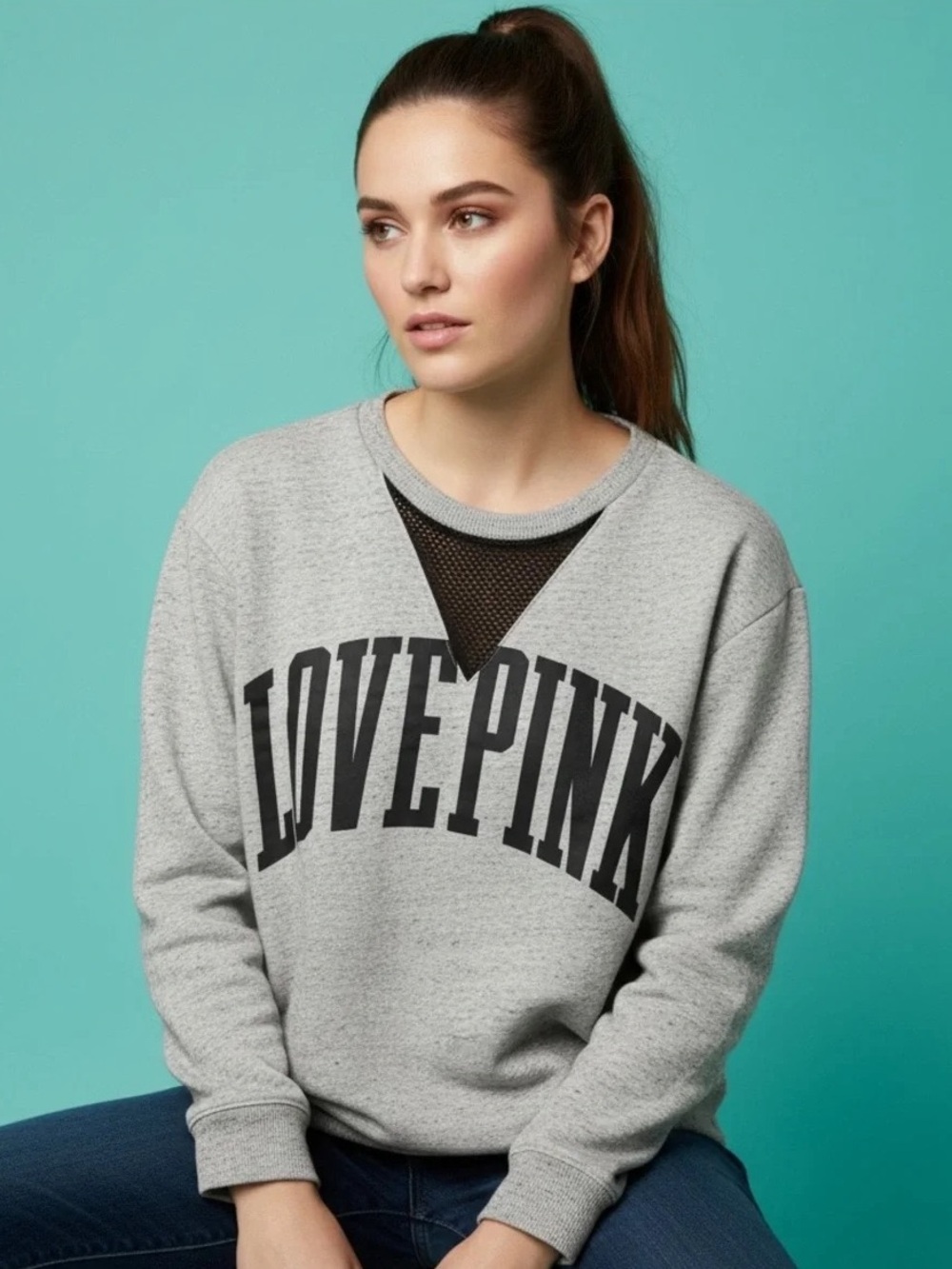 Love Pink Mesh Inset Graphic Sweatshirt Heather Gray Pullover Women Size S